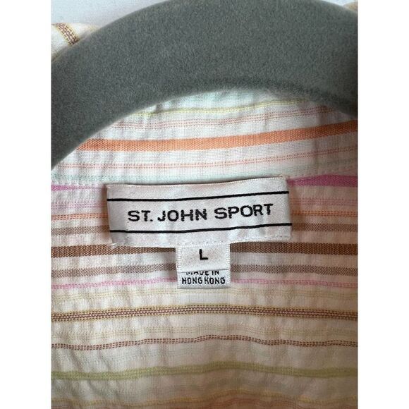 ST. JOHN cotton blend white multicolor striped button down shirt blouse top L - Picture 2 of 9